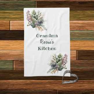 Grandma Kitchen | Personalised Watercolor Greenery Tea Towel