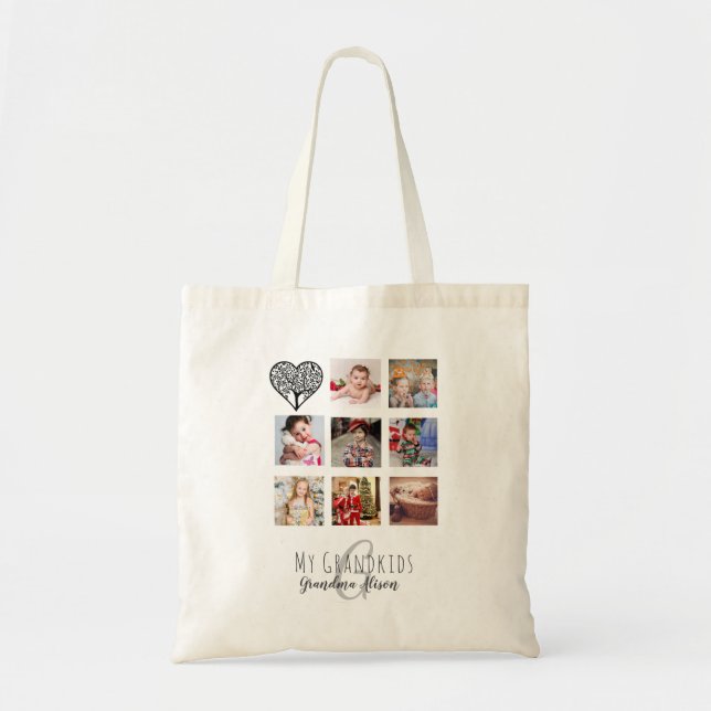 Grandma Loves Her Family Tree Photo Collage Gift Tote Bag (Front)