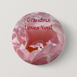 Grandma Loves You! button Pink Rose Flower