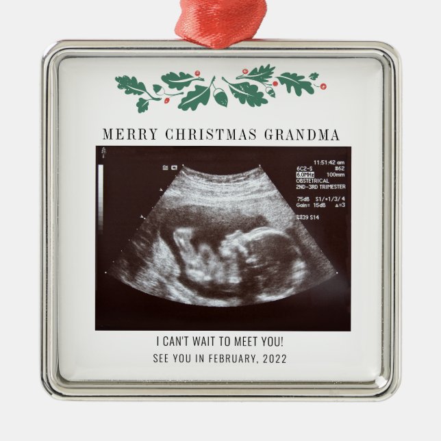 Grandma Merry Christmas Pregnancy Ultrasound Photo Metal Ornament (Front)