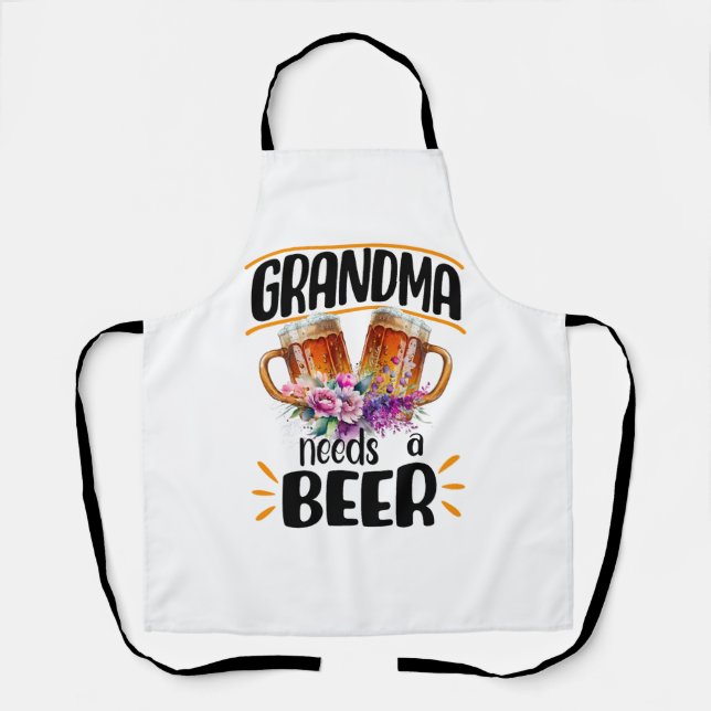 Grandma Needs a Beer, Funny Beer Mug Floral Apron (Front)