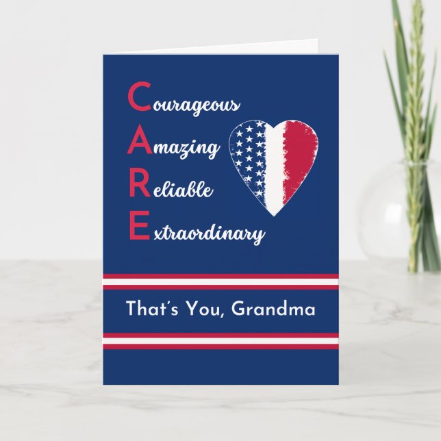Grandma Nurses Day Patriotic with CARE and Heart Card (Front)