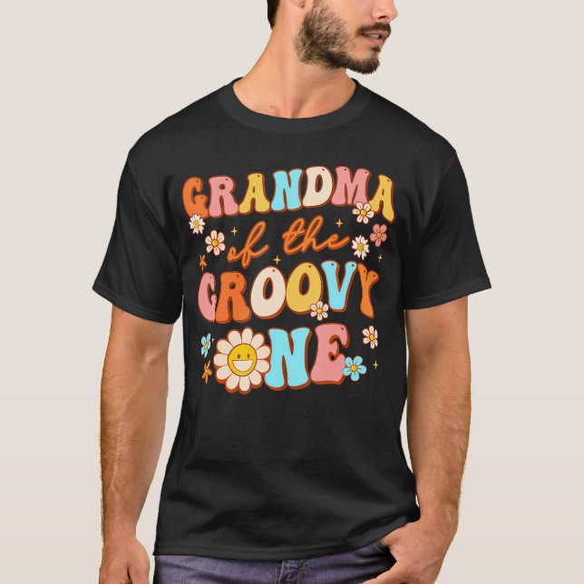 Grandma Of Groovy One 1St Birthday Pregnancy Annou T-Shirt (Front)