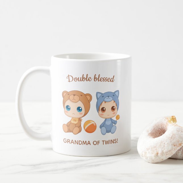 Grandma of Twins Baby Cat Bear Jumpsuit Coffee Mug (With Donut)