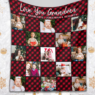 Grandma Personalised Red Buffalo Plaid 13 Photo Fleece Blanket
