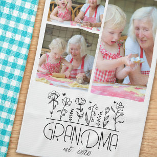 Grandma Photo Collage Flowers Tea Towel
