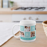 Grandma Photo Collage & Grandchildren Names Coffee Mug<br><div class="desc">Create a sweet keepsake for a beloved grandmother this Mother's Day or Grandparents Day. This simple design features seven of your favourite square or Instagram photos, arranged in a collage layout with alternating squares in light aqua, spelling out "Grandma." Personalise with favourite photos of her grandchildren, and add their names,...</div>