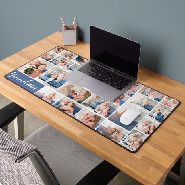 Grandma Photo Collage Grid Blue White Grandkids Desk Mat (Office 2)
