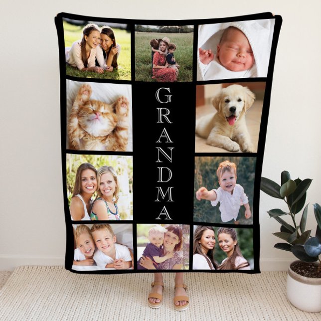 Grandma Photo Collage Personalised Black Fleece Blanket (Creator Uploaded)