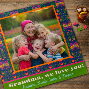 Grandma Photo Pretty Folk Butterfly Flowers Custom Jigsaw Puzzle