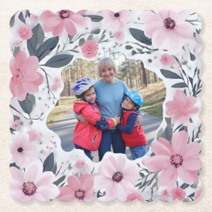 Grandma Pink Floral Photo Paper Coaster