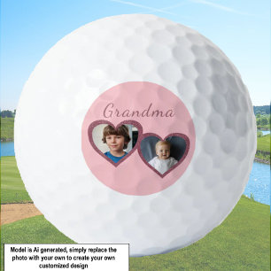 Grandma Pink Hearts 2 Grandchildren Photo Collage Golf Balls