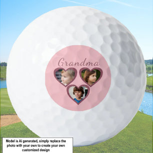 Grandma Pink Hearts 3 Grandchildren Photo Collage Golf Balls