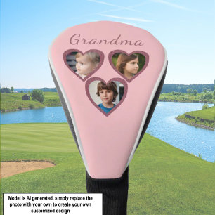 Grandma Pink Hearts 3 Grandchildren Photo Collage Golf Head Cover