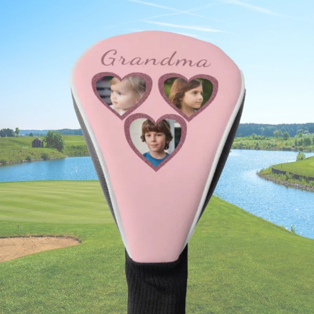 Grandma Pink Hearts 3 Grandchildren Photo Collage  Golf Head Cover (Creator Uploaded)