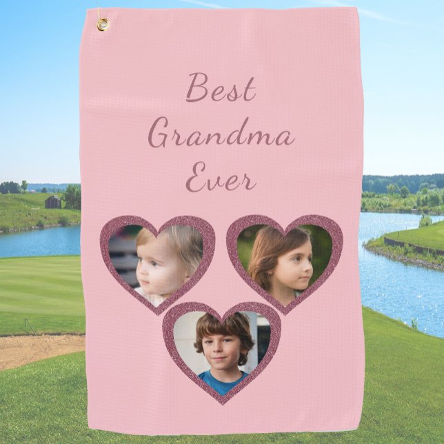 Grandma Pink Hearts 3 Grandchildren Photo Collage  Golf Towel (Creator Uploaded)