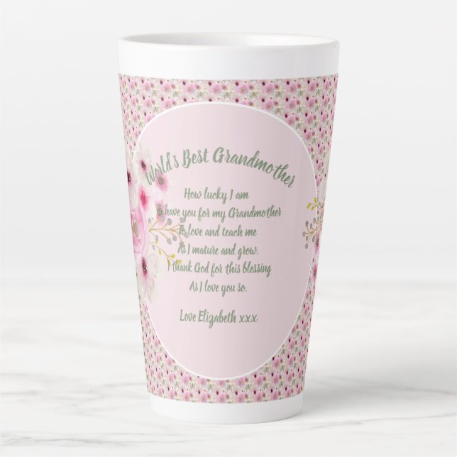 Grandma Poem Pink Flowers Named Gifts Latte Mug (Front)