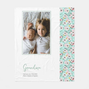 Grandma Pretty Personalised Pink Green Flower Fleece Blanket
