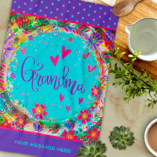 Grandma Purple Pretty Floral Fun Personalised Tea Towel