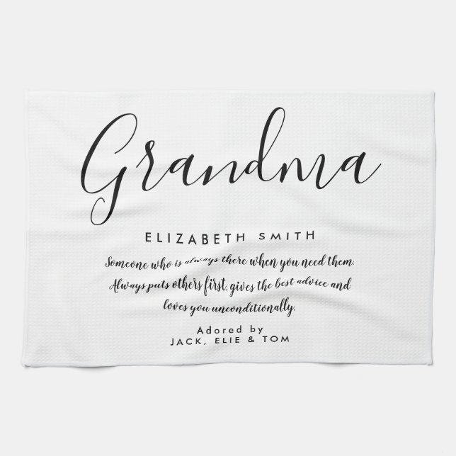 Grandma Quote Elegant Script Black and White Tea Towel (Horizontal)
