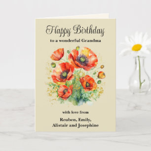 Grandma Rustic Red Poppies Floral Happy Birthday Card