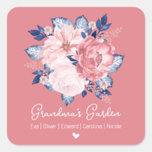 Grandma’s Garden Names Cute Watercolor Pink Floral Square Sticker