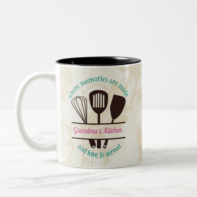 Grandma’s Kitchen Memories and Love with Utensil  Two-Tone Coffee Mug (Left)