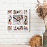 Grandma Script Family Memory Photo Grid Collage Square Wall Clock<br><div class="desc">A beautiful personalised gift for your grandma that she'll cherish for years to come. Features a modern thirteen photo grid collage layout to display 13 of your own special family photo memories. "Grandma" designed in a beautiful handwritten black script style. Each photo is framed with a simple gold-coloured frame. Simple...</div>