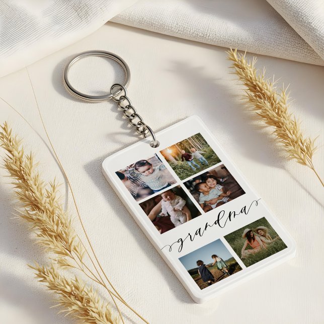 Grandma Script | Grandchildren Photo Grid Collage Key Ring (Grandma Script | Grandchildren Photo Grid Collage Keychain)