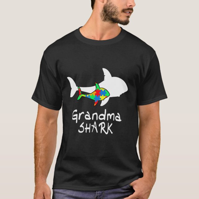 Grandma Shark Puzzle Piece Cool Autism Awareness T-Shirt (Front)