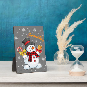 Grandma Snowman Candy Cane Christmas Red Plaid Plaque