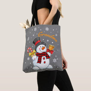 Grandma Snowman Candy Cane Christmas Red Plaid Tote Bag