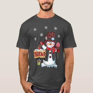 Grandma Snowman Christmas Candy Cane Red Plaid San T-Shirt
