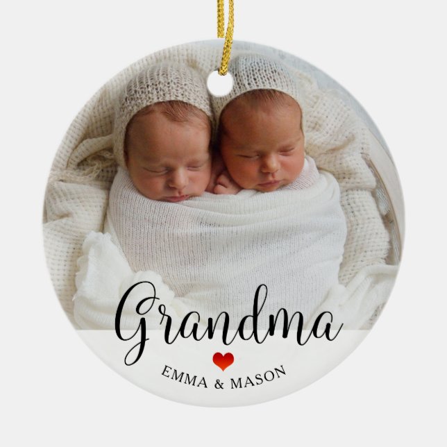 Grandma | Sweet Red Heart with Your Photo Ceramic Ornament (Front)