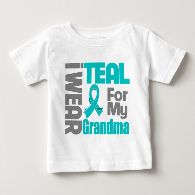 Grandma - Teal Ribbon Ovarian Cancer Support Baby T-Shirt (Front)