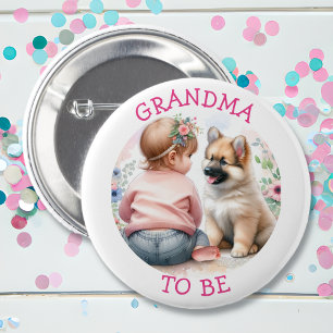 Grandma To Be Baby Girl and Puppy Pink Baby Shower 6 Cm Round Badge