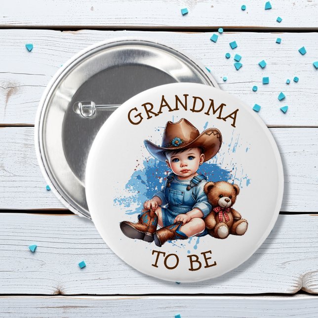 Grandma To Be | Cowboy and Teddy Bear Baby Shower 6 Cm Round Badge (Creator Uploaded)