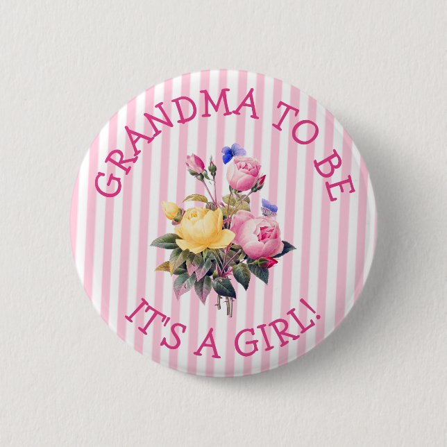 GRANDMA  to be  Pink Flowers Baby Shower Button (Front)