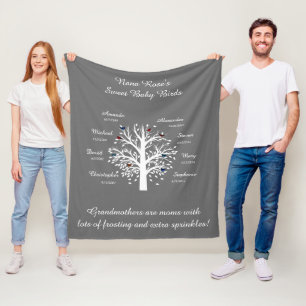 Grandma Tree, 8 Names & Dates, white on grey Fleece Blanket