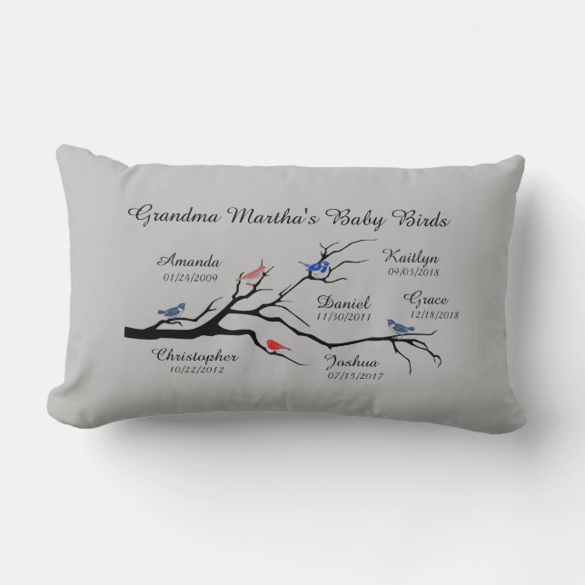 Grandma Tree (birds), customize with 6 names/dates Lumbar Cushion (Front)