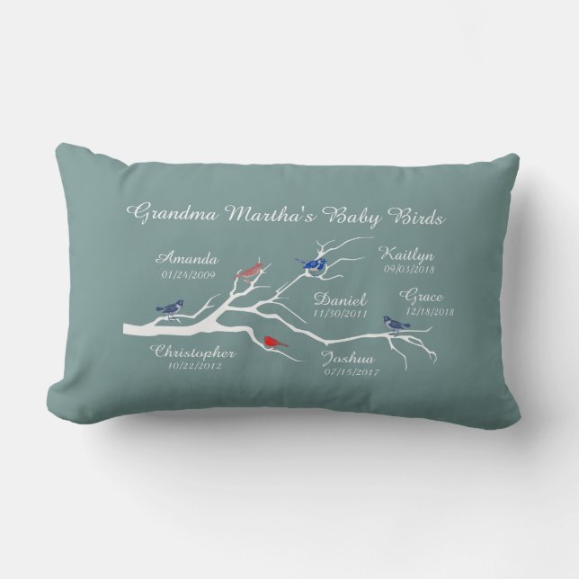 Grandma Tree (birds), customize with 6 names/dates Lumbar Cushion (Front)