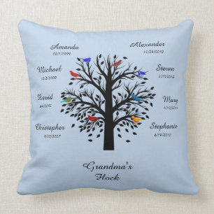 Grandma Tree, Black on Powder Blue 8 Names & Dates Cushion