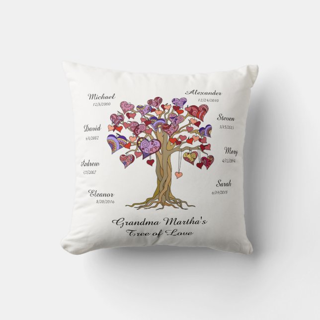 Grandma Tree (hearts) on White w/ 8 Names/Dates Cushion (Front)