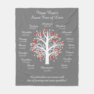 Grandma Tree (hearts), White/Grey, 16 Names/Dates Fleece Blanket