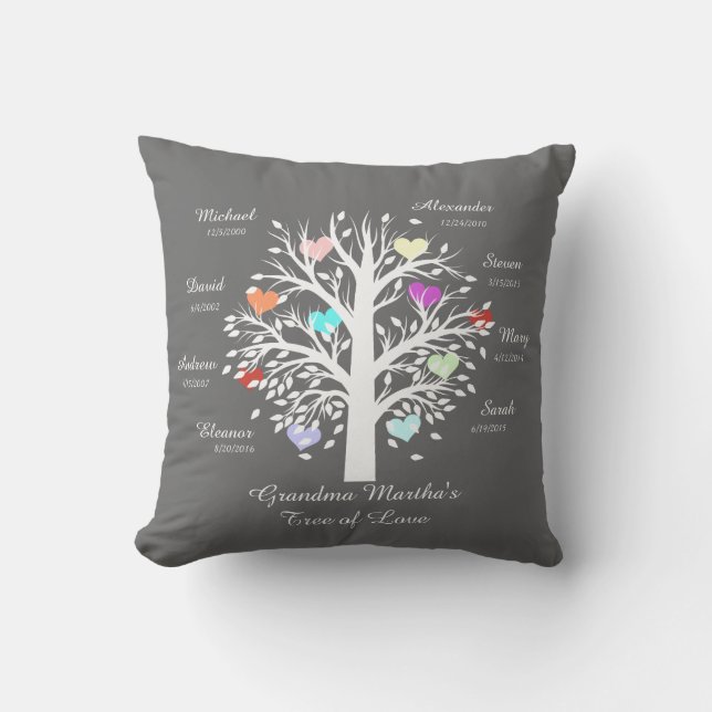 Grandma Tree (hearts) White on Grey, 8 Names/Dates Cushion (Front)