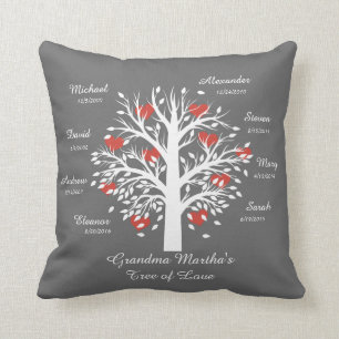 Grandma Tree (hearts) White on Grey, 8 Names/Dates Cushion