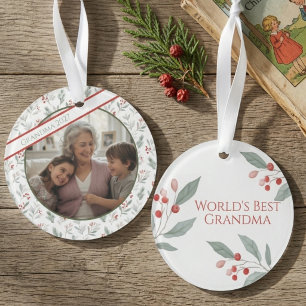 Grandma Watercolor Holly Photo Keepsake Ornament