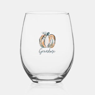 Grandma Watercolor Pumpkin Fall Thanksgiving Hallo Stemless Wine Glass