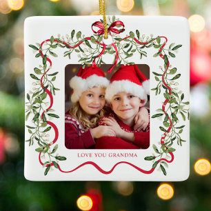 Grandma Wavy Frame Bow Greenery Photo Christmas Ceramic Ornament