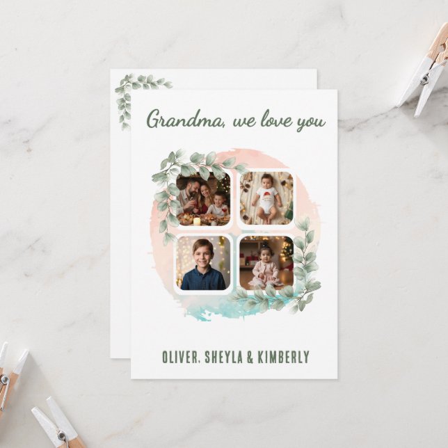 Grandma we love you 6 Photo Collage Eucalyptus Card (Front/Back In Situ)